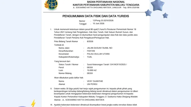 Kantah Malra Umumkan Data Fisik dan Yuridis Pendaftaran Tanah Pertama Kali