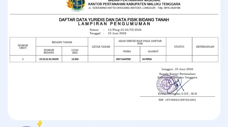Kantah Malra Umumkan Data Fisik dan Yuridis Pendaftaran Tanah Pertama Kali