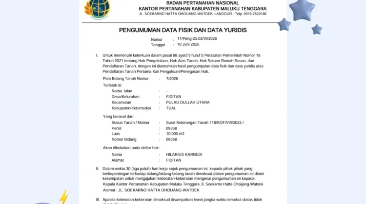 Kantah Maluku Tenggara Umumkan Data Pertanahan