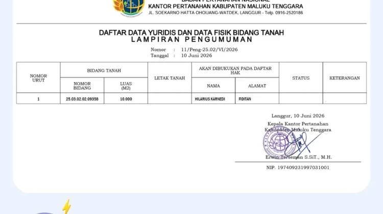 Kantah Maluku Tenggara Umumkan Data Pertanahan