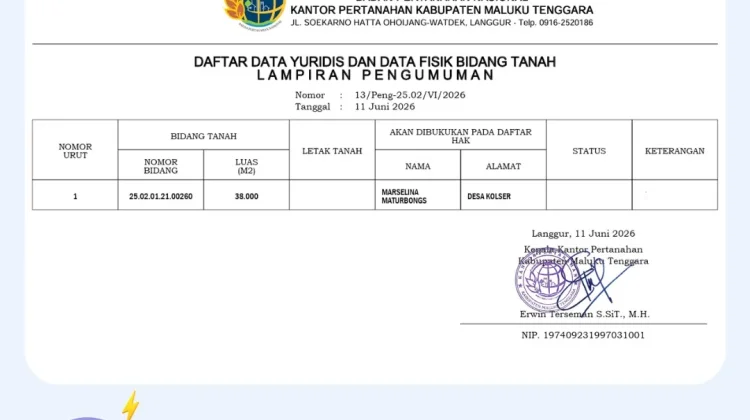 Kantah Maluku Tenggara Publikasikan Pengumuman Data Pertanahan