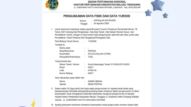 Kantah Malra Umumkan Data Fisik dan Yuridis Pendaftaran Tanah di Fiditan