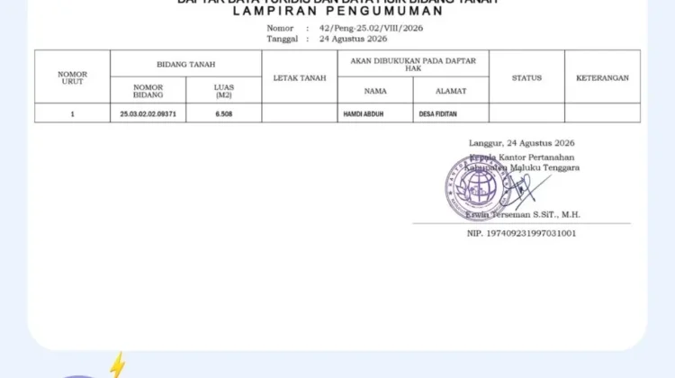 Kantah Malra Umumkan Data Fisik dan Yuridis Pendaftaran Tanah di Fiditan