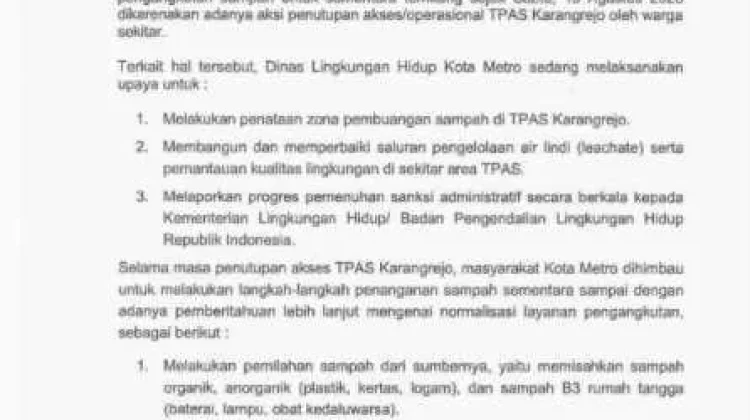 Layanan Angkut Sampah Metro Dihentikan sementara