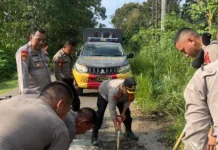 Polres Way Kanan Tambal Jalan Berlubang di Jalinsum