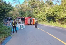 Diduga Over Tonase, Truk Bermuatan Air Mineral Terguling di Jalur Latter S Way Kanan
