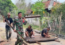 Jembatan Perintis Garuda Dibangun di Kampung Kotabumi, Babinsa Turut Mendampingi
