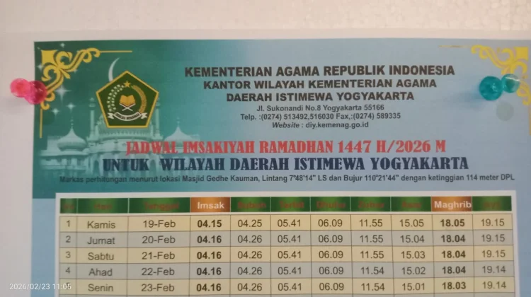 Jadwal Imsakiyah Senin, 23 Februari 2026 di Wilayah Daerah Istimewa Yogyakarta
