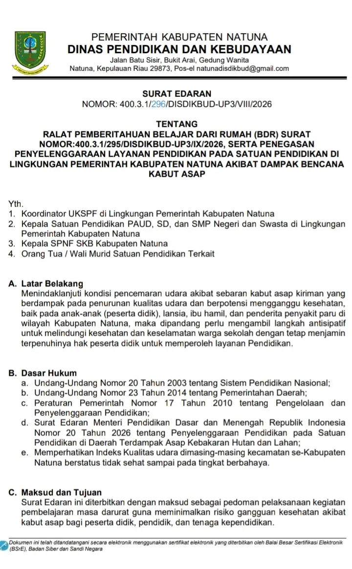 SE Pemberitahuan Belajar Dari Rumah (BDR) yang dikeluarkan oleh Dnas Pendidikan dan Kebudayaan Kabupaten Natuna (Poto: Dinas Pendidikan dan Kebudayaan Kabupaten Natuna/RR Ranai/Saleh)